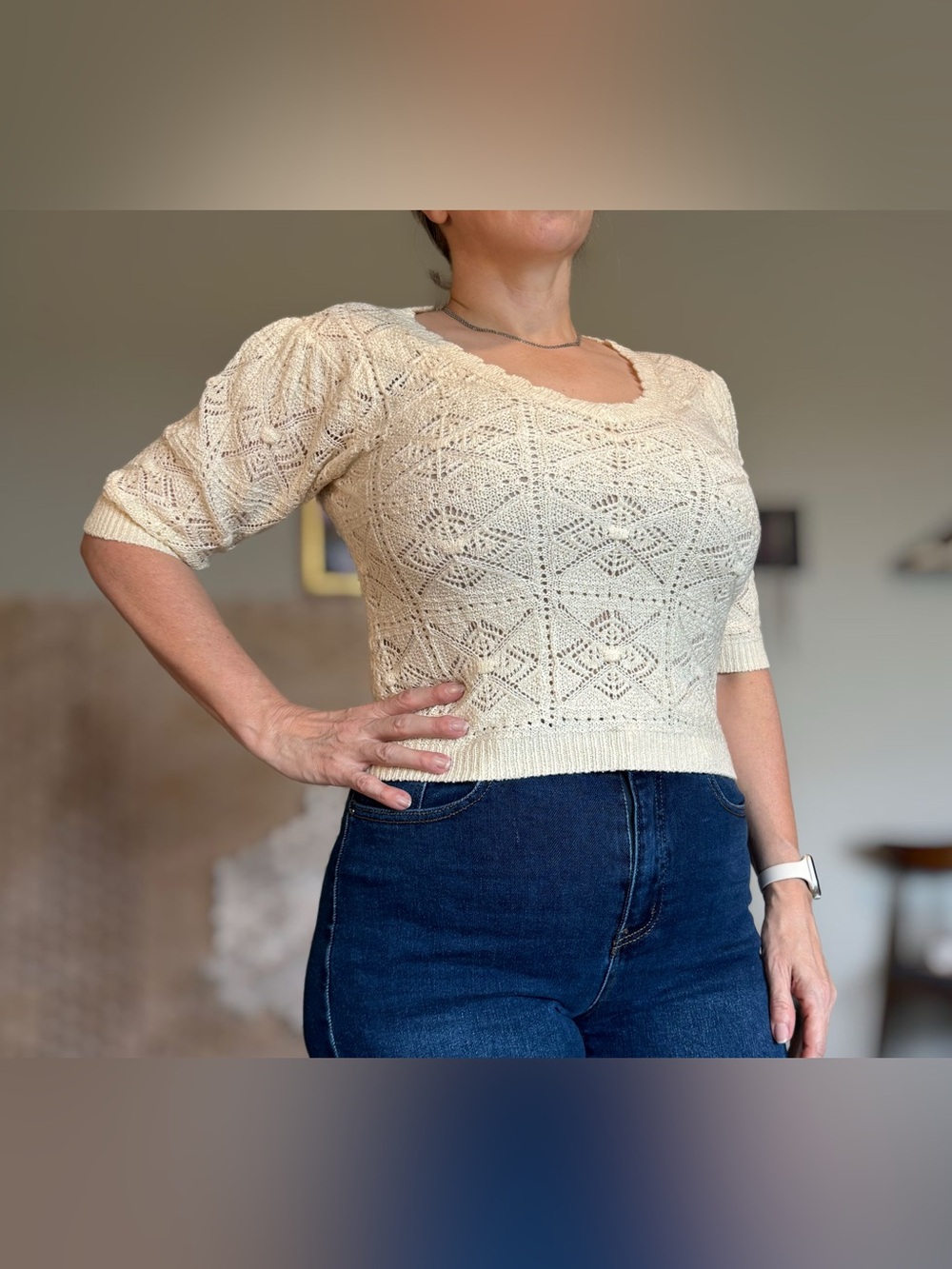 Cream Knit Short-Sleeve Sweater Top